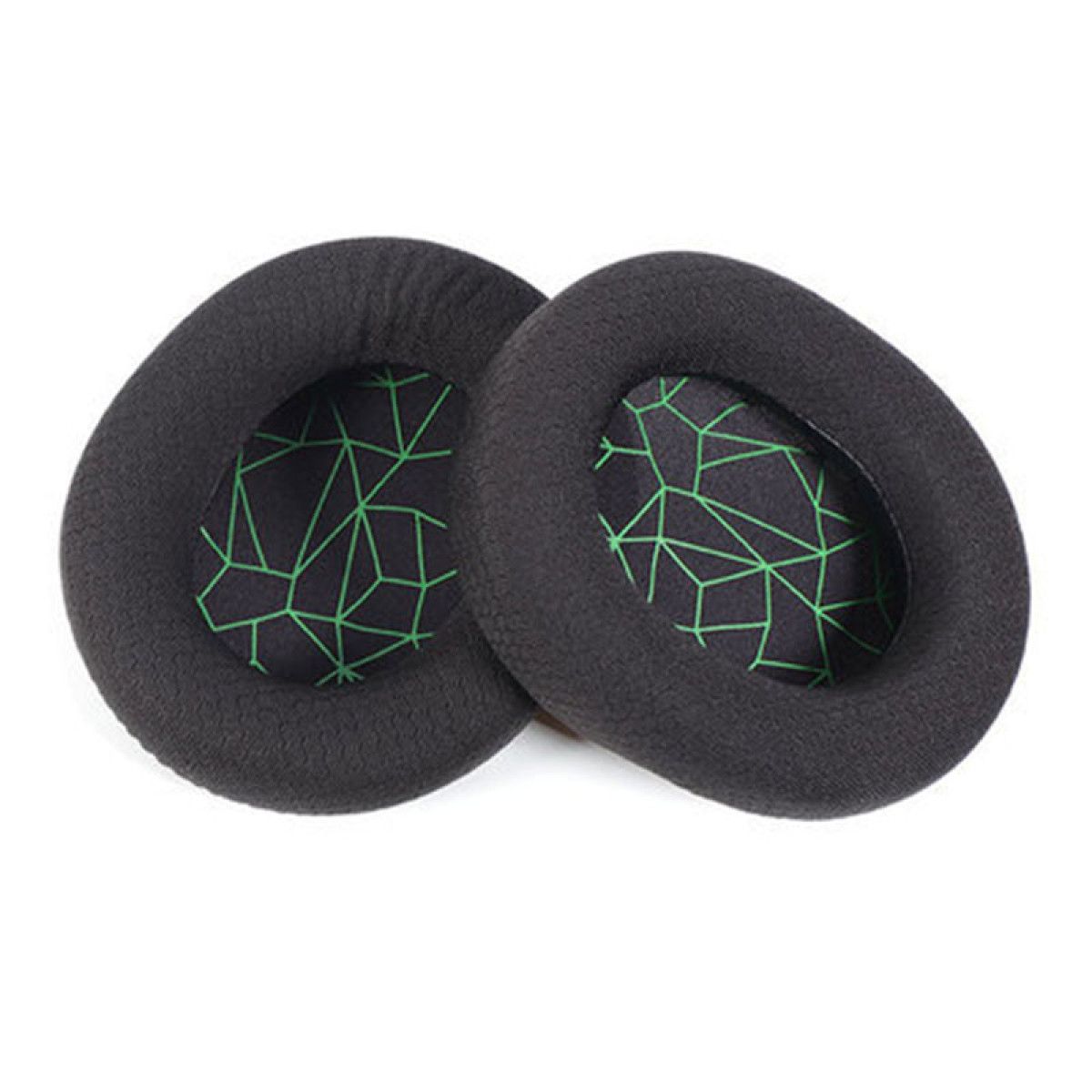 Dwie czarne poduszki nauszne do słuchawek, z zielonym geometrycznym wzorem w środku.