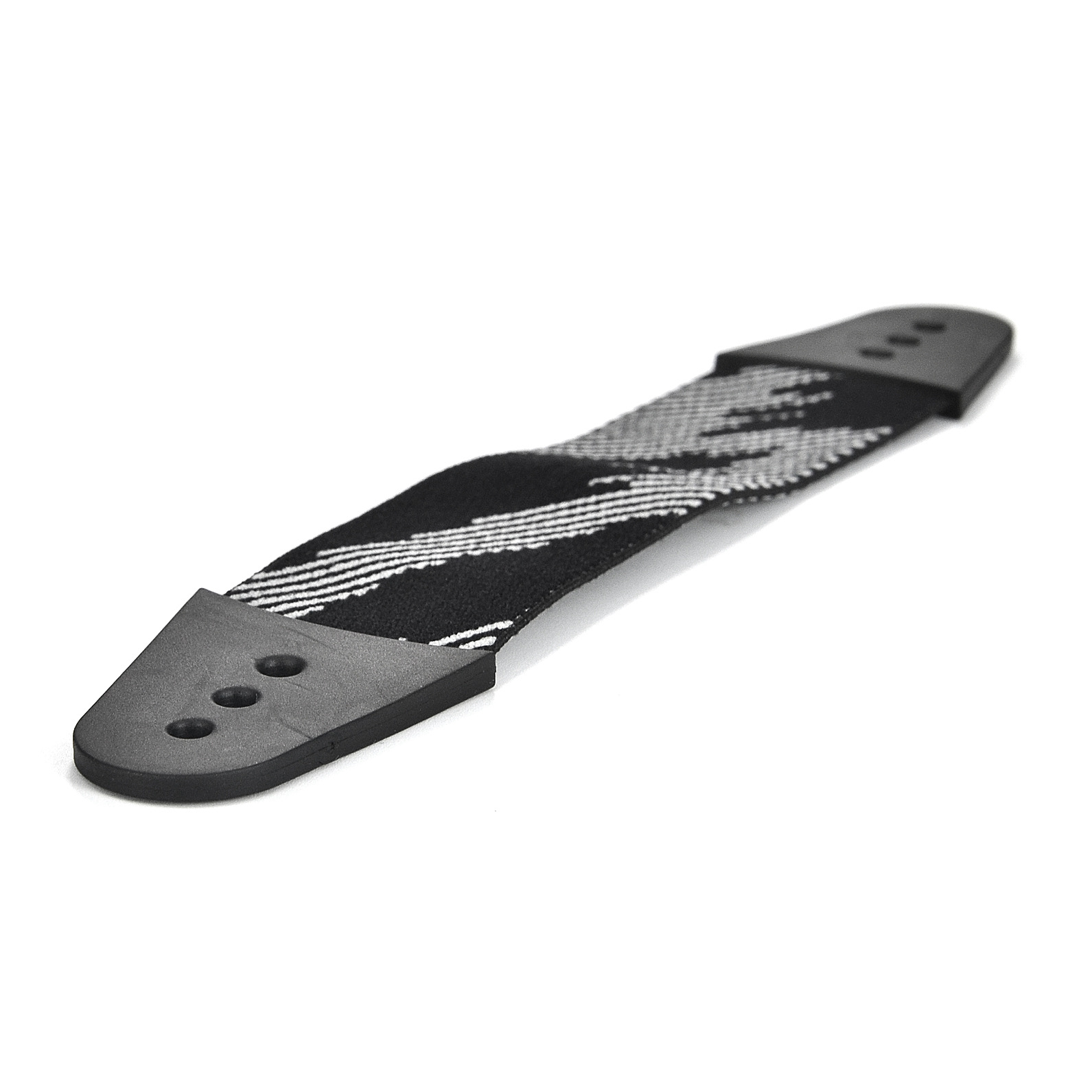 Czarny i szary pasek z plastikowymi końcówkami, prawdopodobnie do zegarka lub innego urządzenia do noszenia.