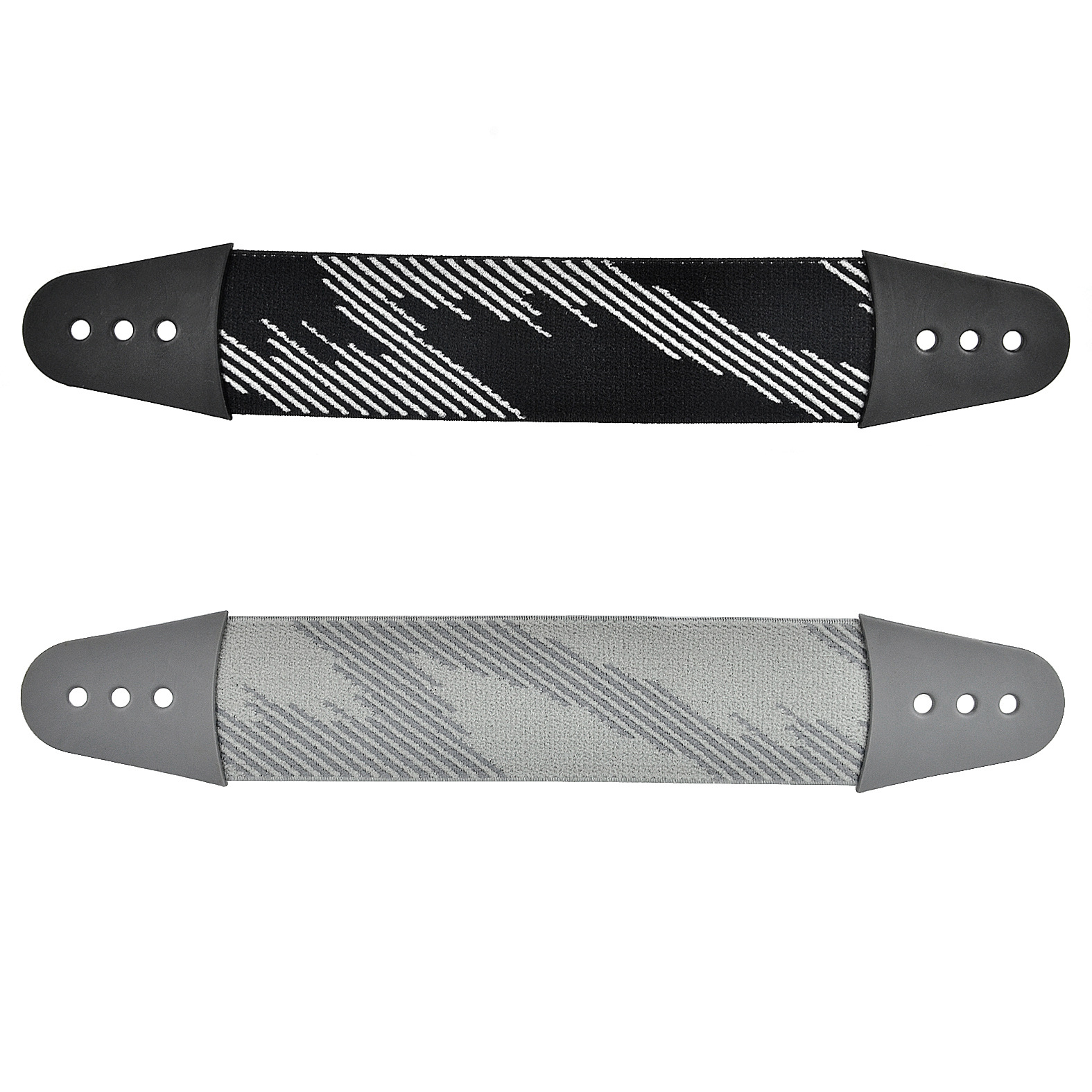 Dwie osłony uchwytów bagażowych z powtarzającym się wzorem, jedna czarna i jedna szara.