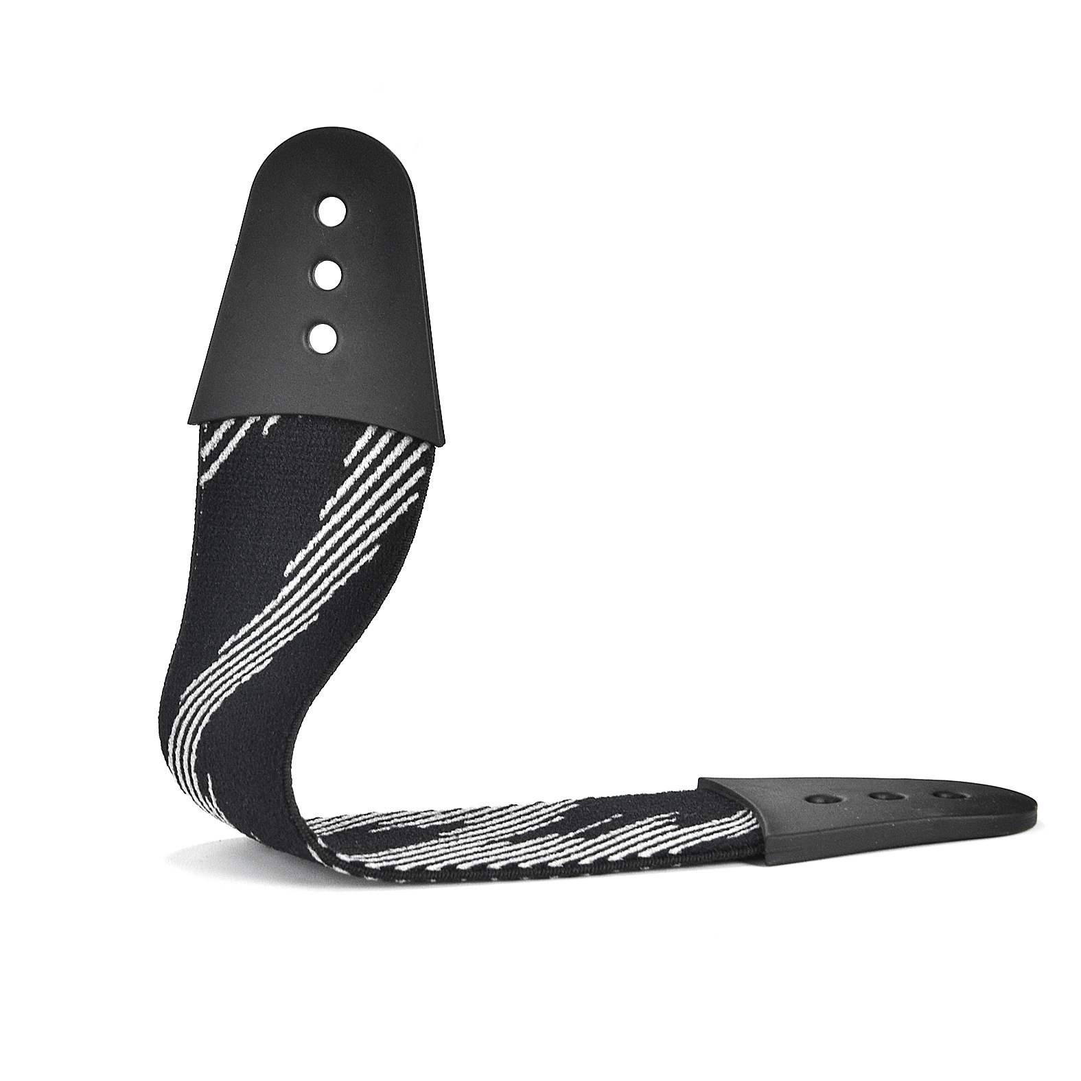 Pasek do gitary w czarno-biały wzór, z dwoma czarnymi plastikowymi końcami, leżący na białym tle.
