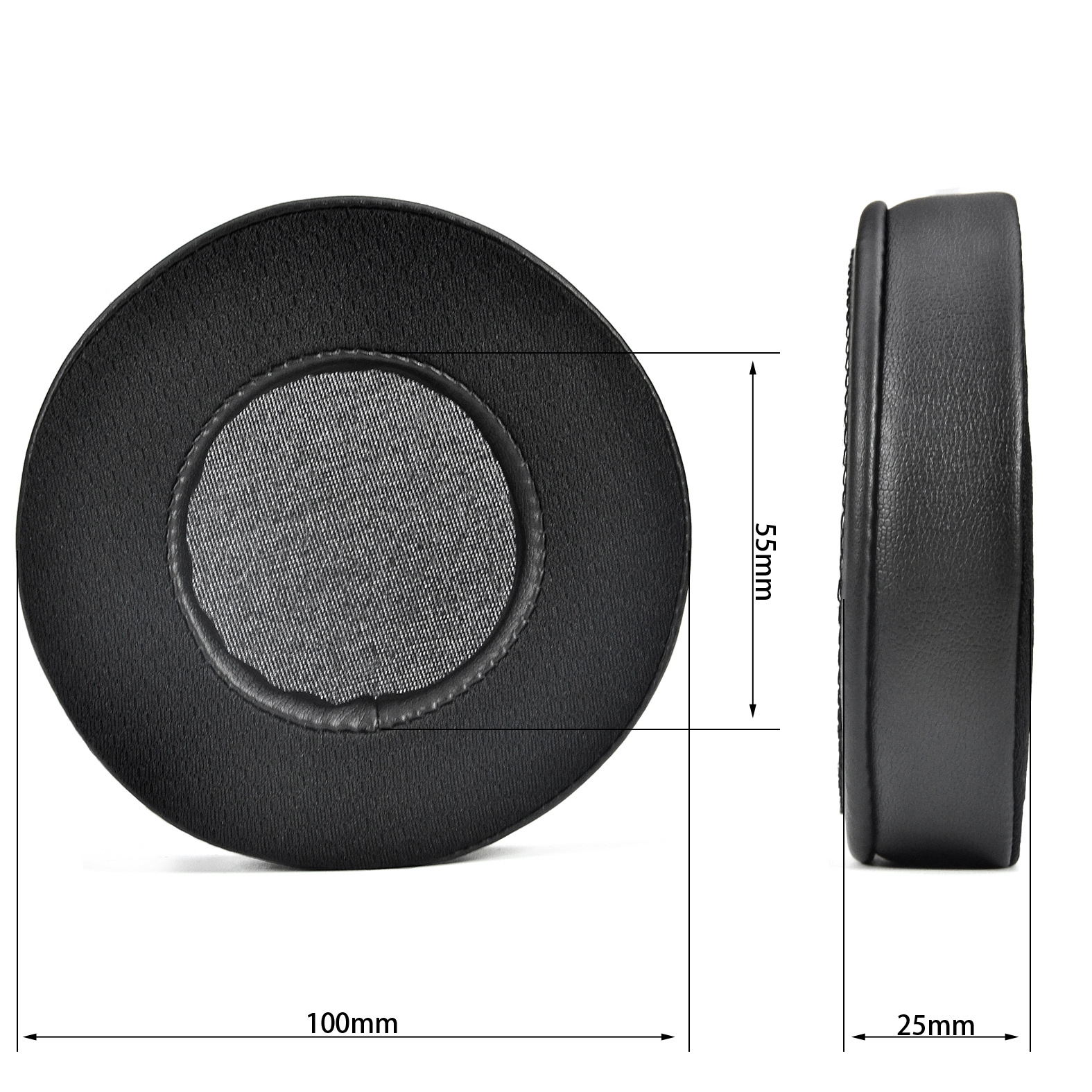 Dwie czarne wkładki douszne. Jedna skierowana do góry, z siatkowym środkiem i drugi widok z boku pokazujący grubość.