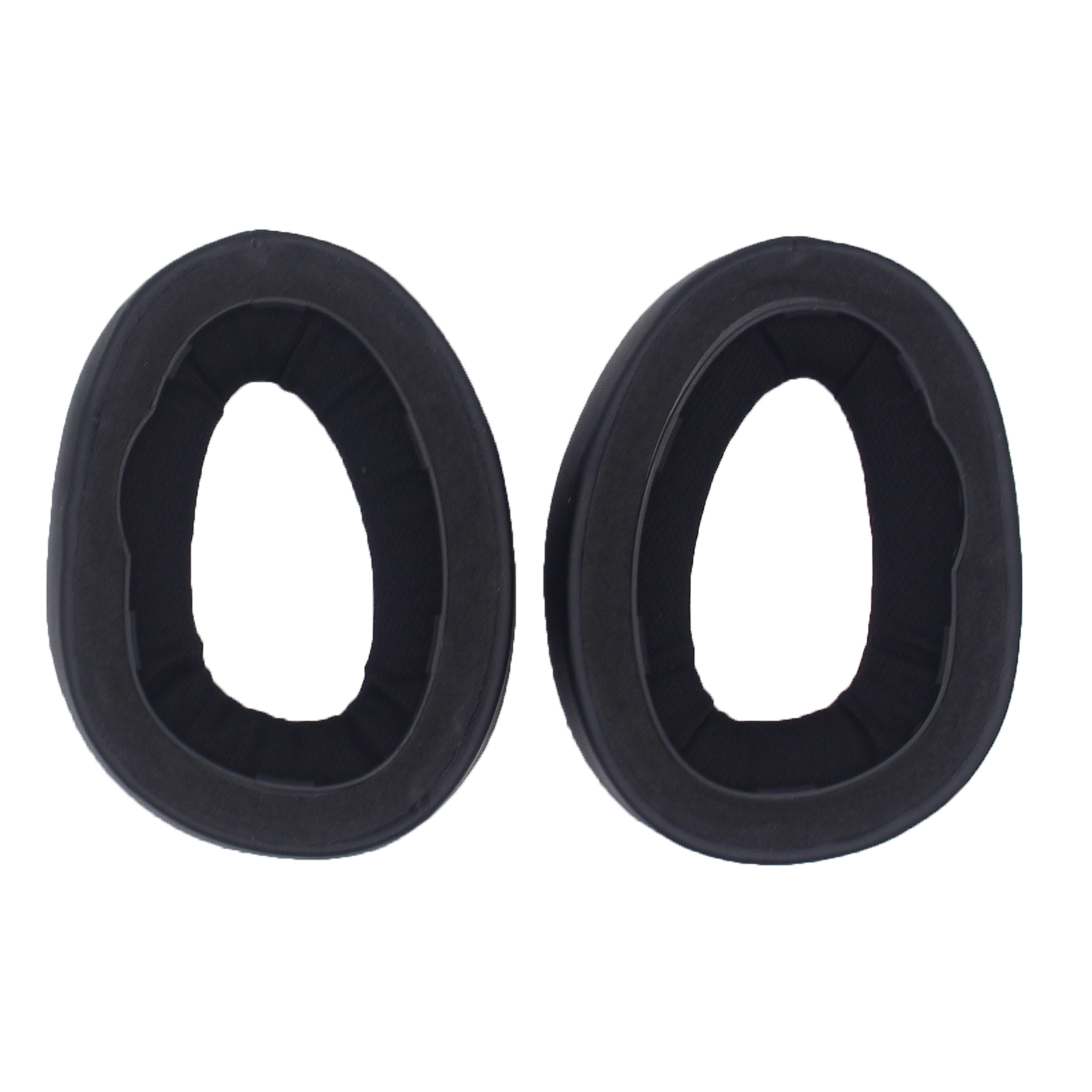Due cuscinetti auricolari neri per cuffie. Sono di forma ovale con un rivestimento interno morbido.