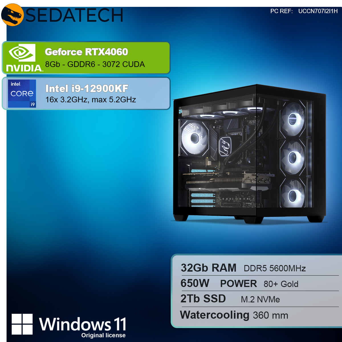 Komputer z czarną obudową, widoczne komponenty. Etykiety tekstowe dla Nvidia, Intel i Windows 11.