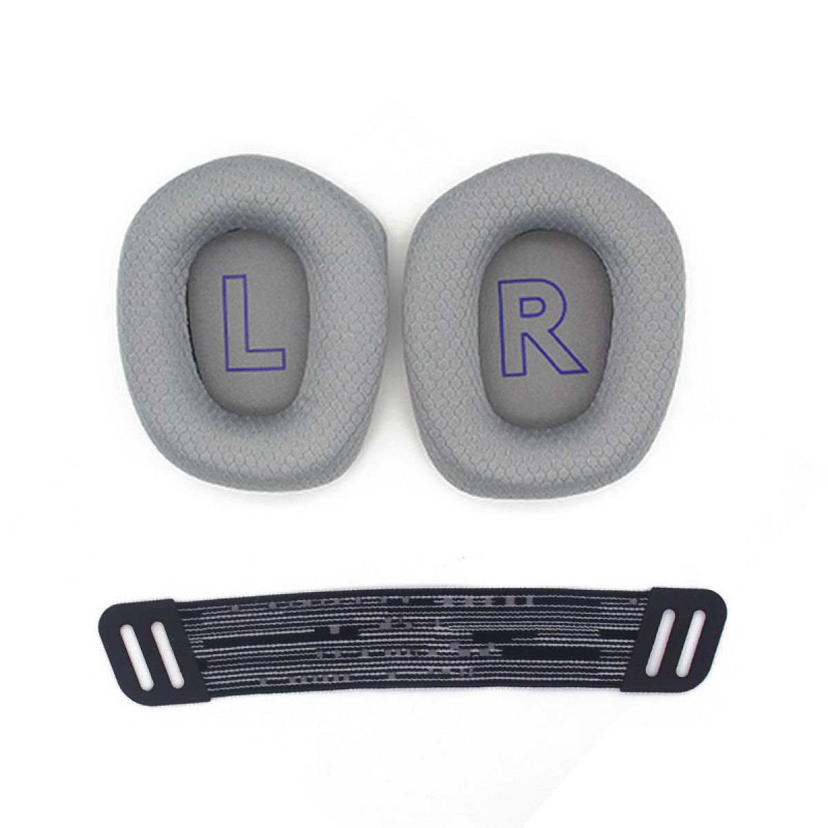 Dwie szare poduszki na uszy z fioletowymi literami L i R oraz czarna opaska z białymi liniami.