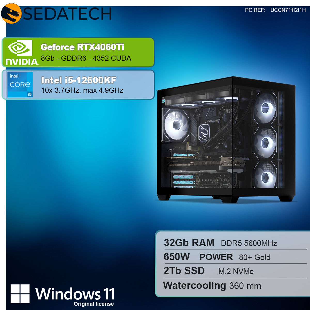 Obudowa komputera ze składnikami. Ma Intel i5, Nvidia GeForce RTX i Windows 11.