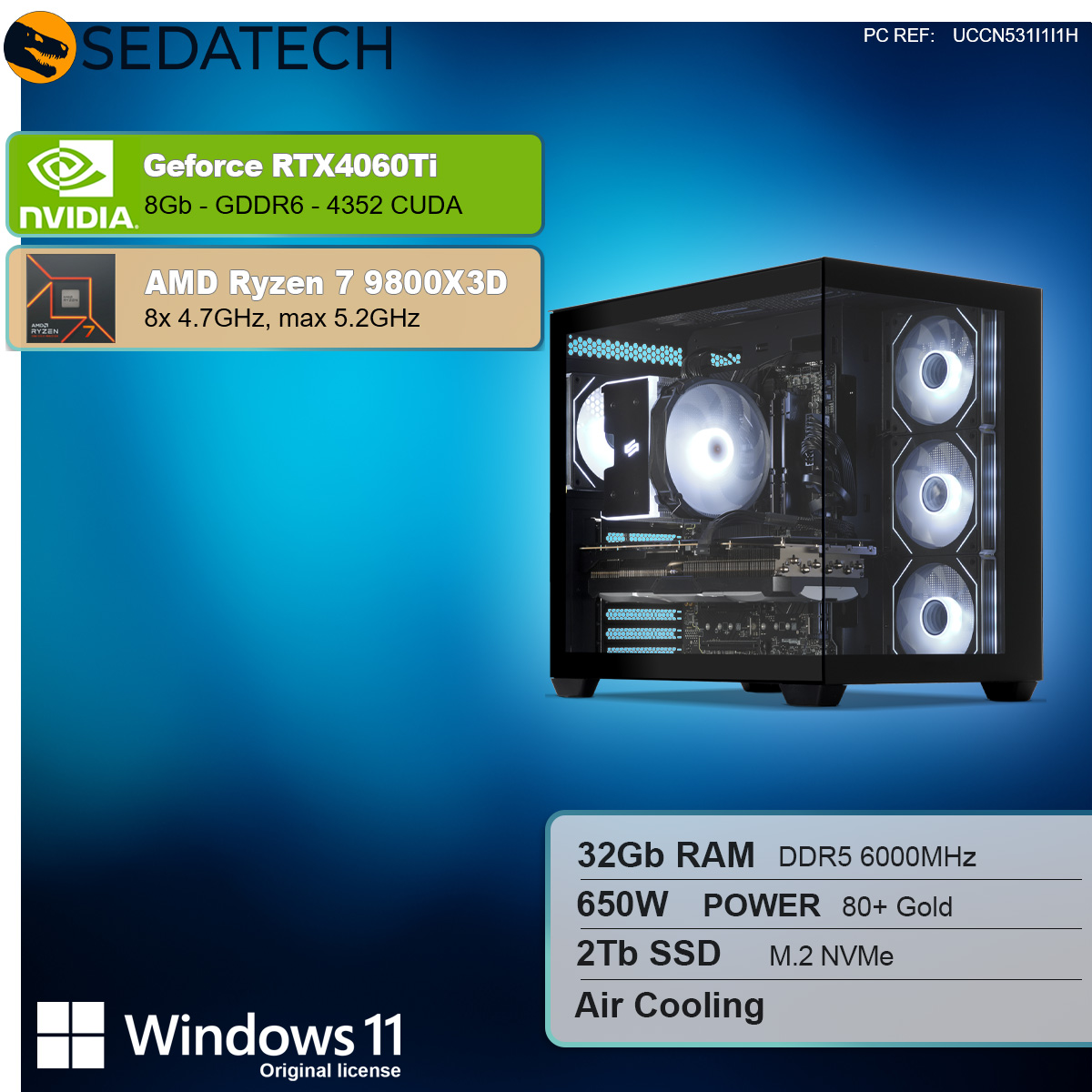 Komputer z szklanym panelem bocznym, specyfikacje obejmują RTX 4060Ti, Ryzen 7 9800X3D i Windows 11.
