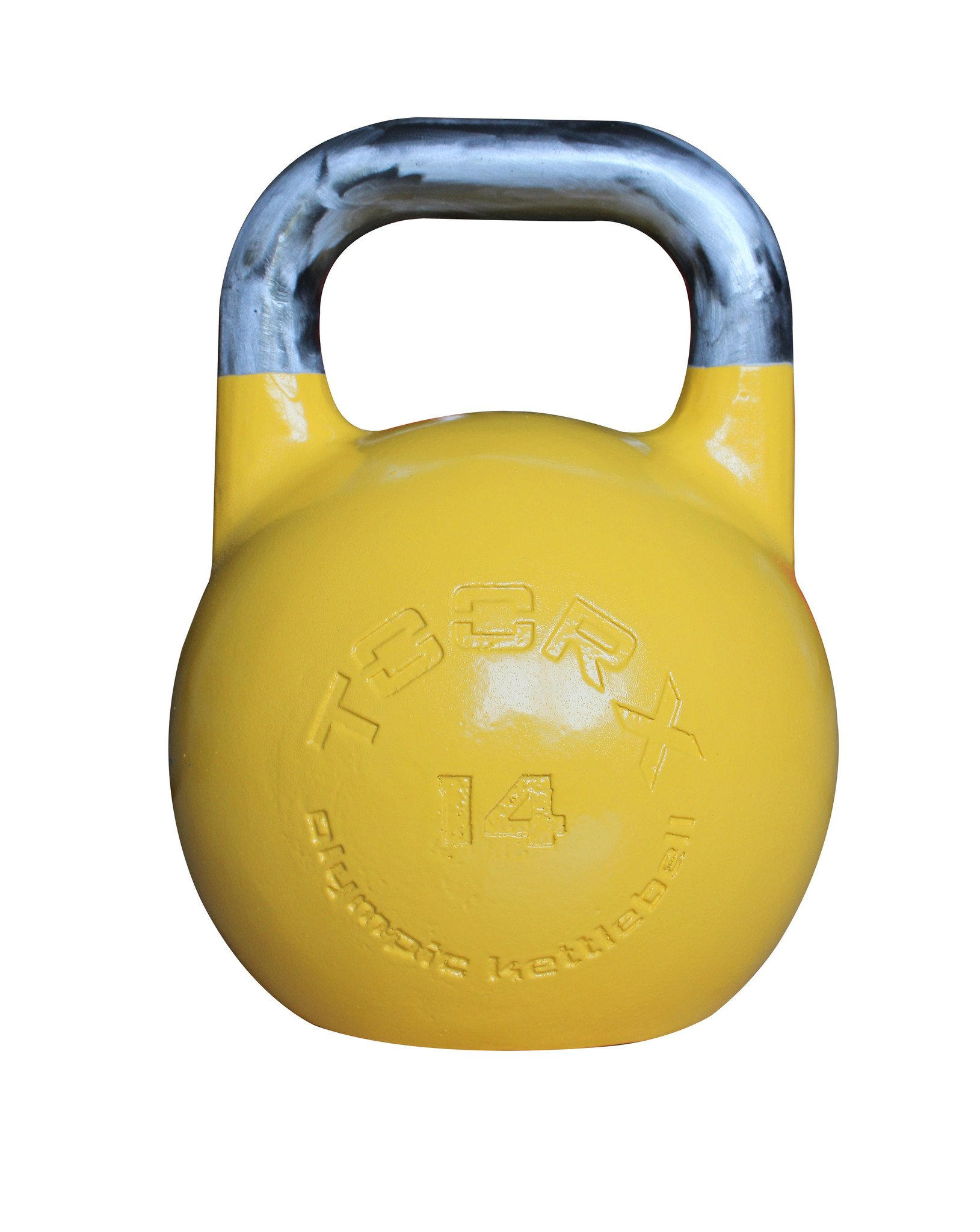 Eine gelbe Kettlebell mit silbernem Griff, markiert mit "14" und "Olympic Kettlebell".