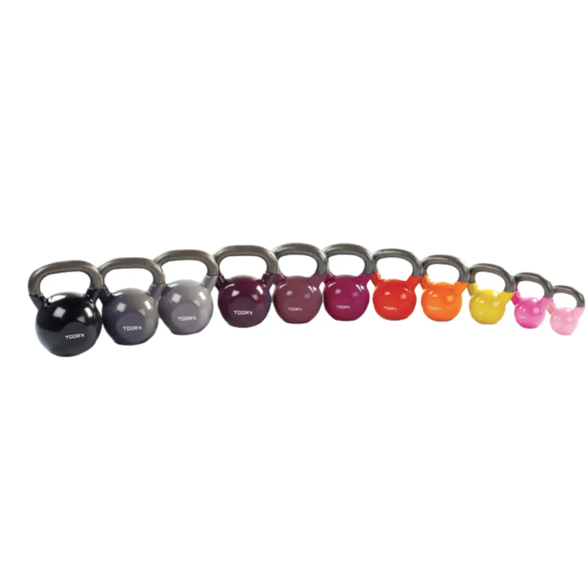 Reihe bunter Kettlebells in verschiedenen Größen, jeweils mit Griff.