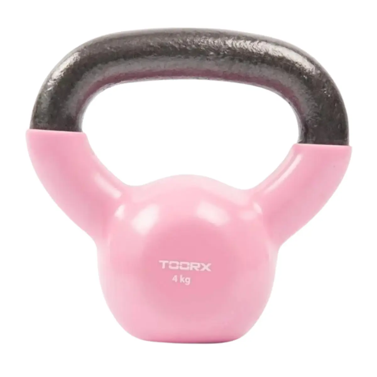 Pinke Kettlebell mit schwarzem Griff. Darauf steht "TOORX 4 kg".