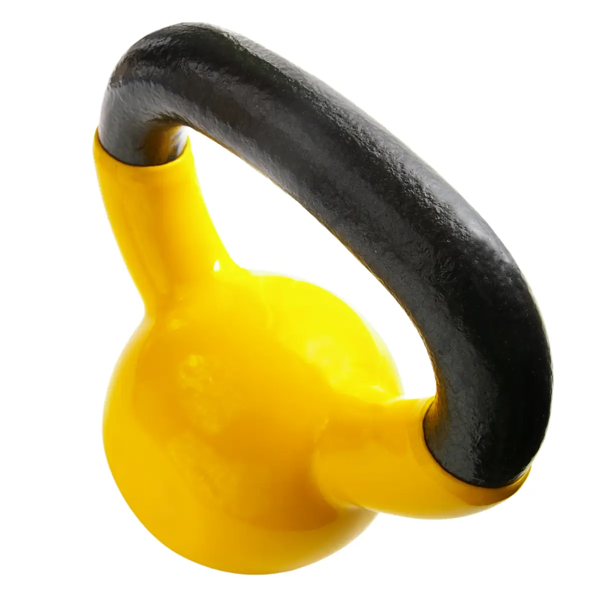 Eine gelbe Kettlebell mit schwarzem Griff, isoliert auf weißem Hintergrund.