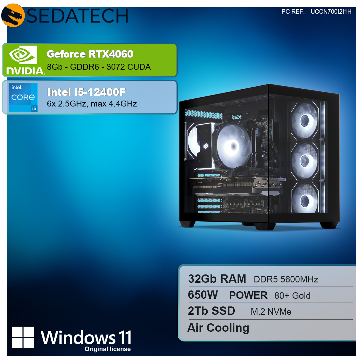 Komputer stacjonarny z procesorem Intel i kartą graficzną Nvidia w czarnej obudowie z białym podświetleniem.