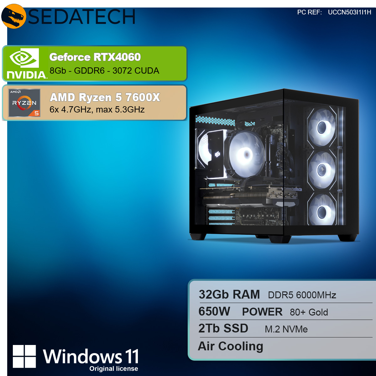 PC do gier ze specyfikacją: RTX 4060, Ryzen 5 7600X, 32 GB RAM, 2 TB SSD, Windows 11.