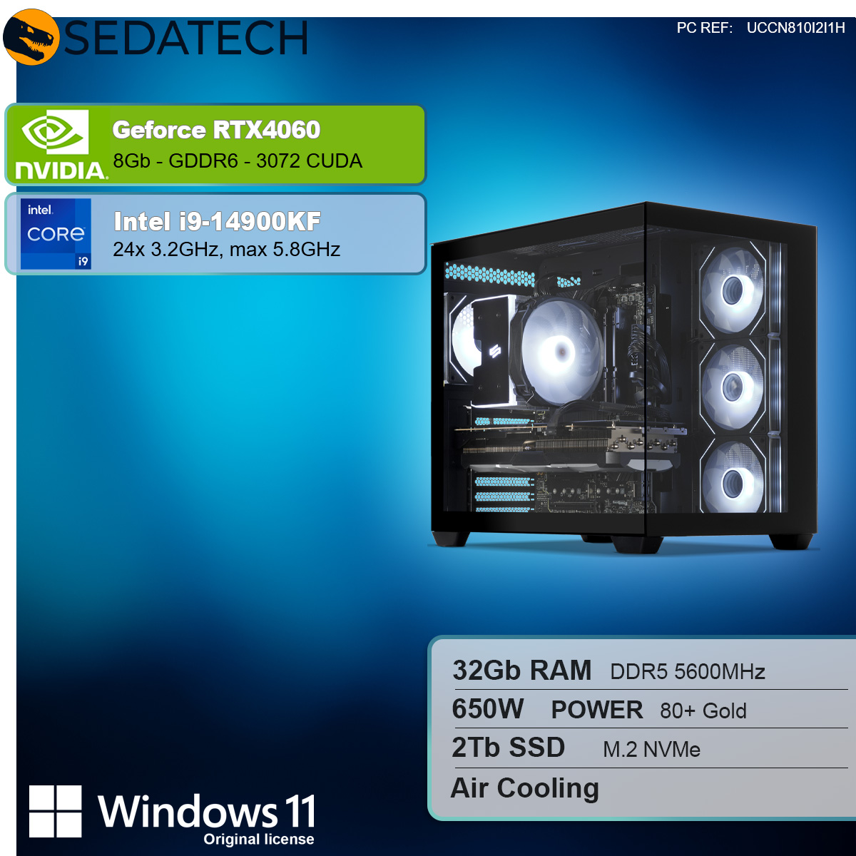 Komponenty PC z etykietami tekstowymi. Zawiera Nvidia GeForce RTX 4060 i Intel i9-14900KF.