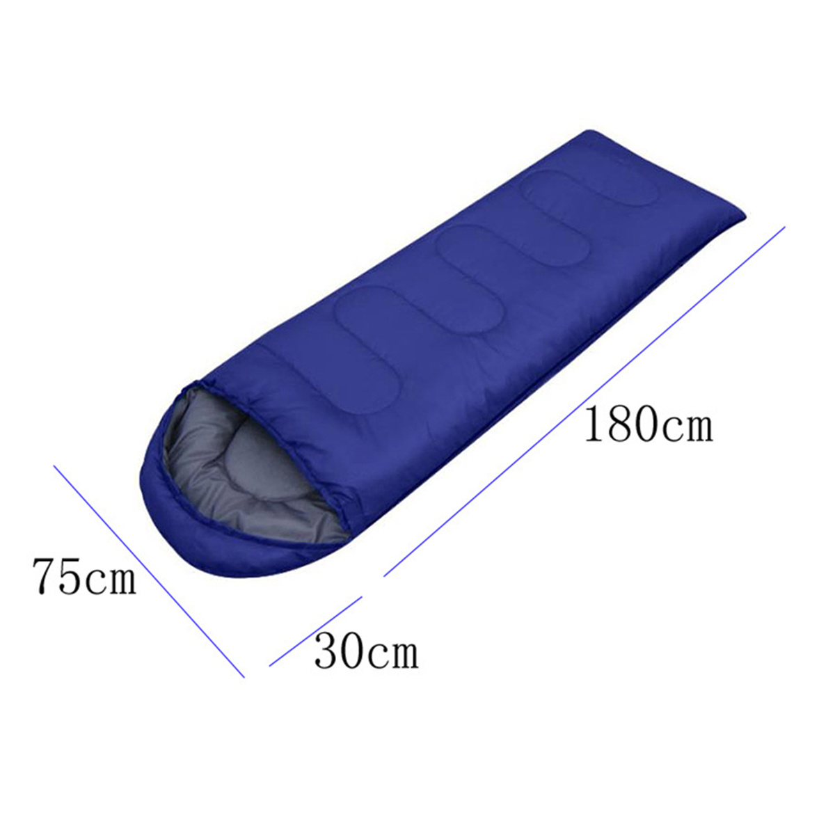 Blauer Schlafsack mit Maßen: 180 cm lang, 75 cm breit und 30 cm komprimiert.