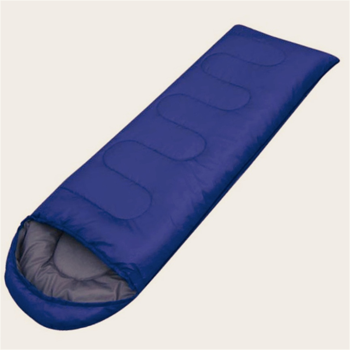 Ein blauer Schlafsack flach ausgelegt, mit grauem Innenraum und abgerundetem Ende.