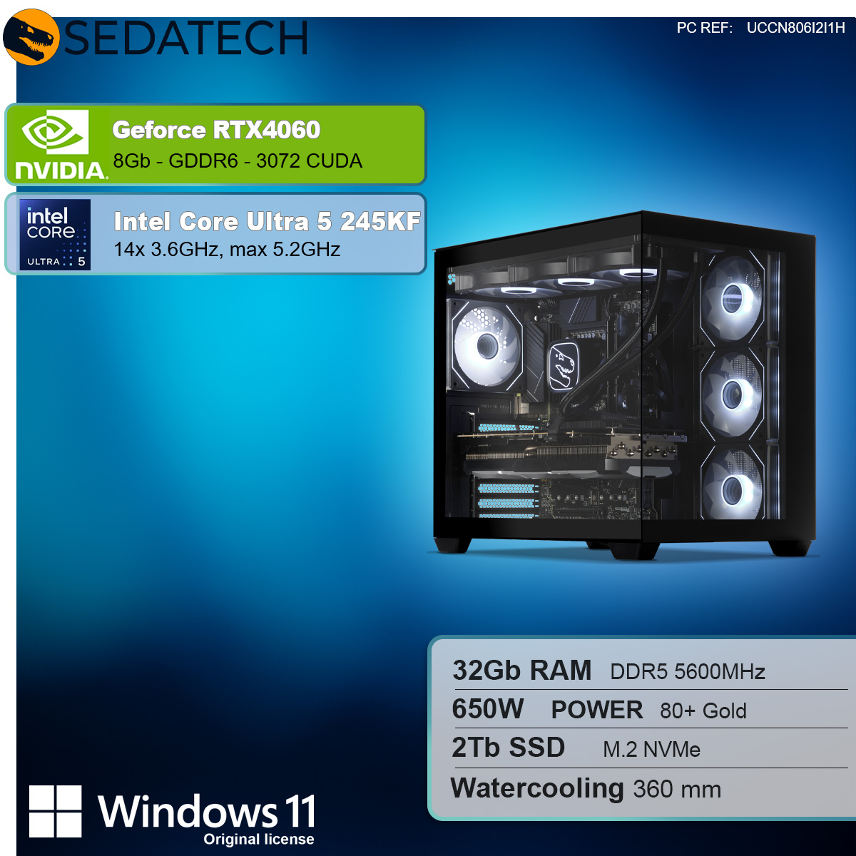 Komponenty PC, z czarną obudową, naklejkami Nvidia i Intel oraz specyfikacjami technicznymi.