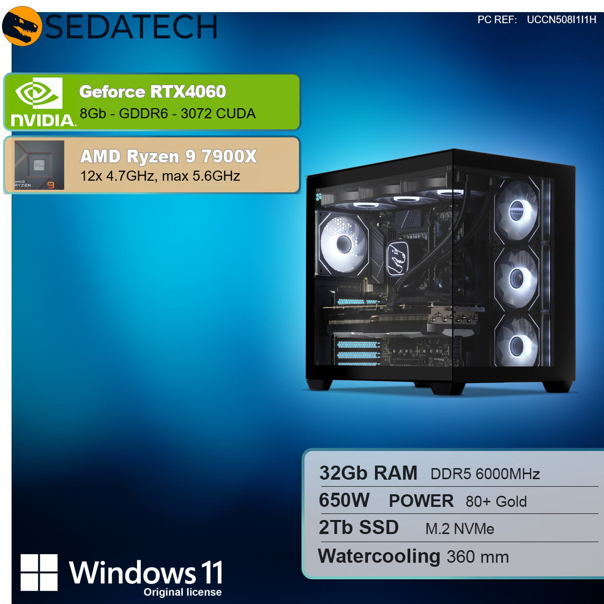 Komputer Sedatech z Nvidia GeForce RTX 4060, AMD Ryzen 9 7900X, Windows 11. Czarny PC z białymi światłami.