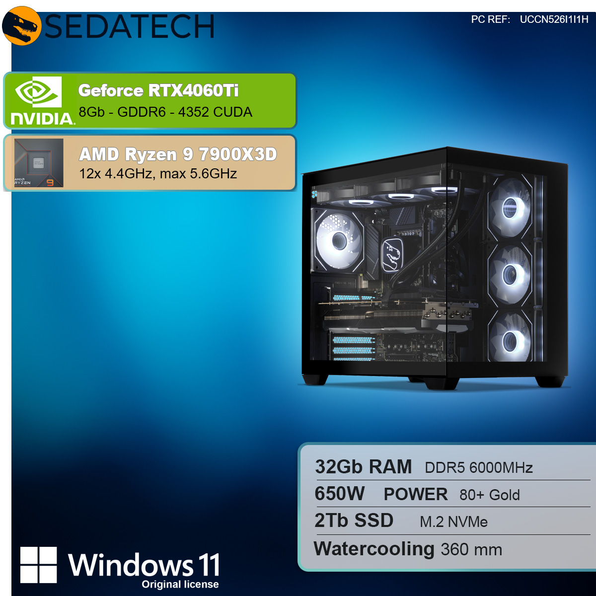 Komputer z monitorem z tekstem o Geforce RTX4060Ti, Ryzen 9 7900X3D, Windows 11.
