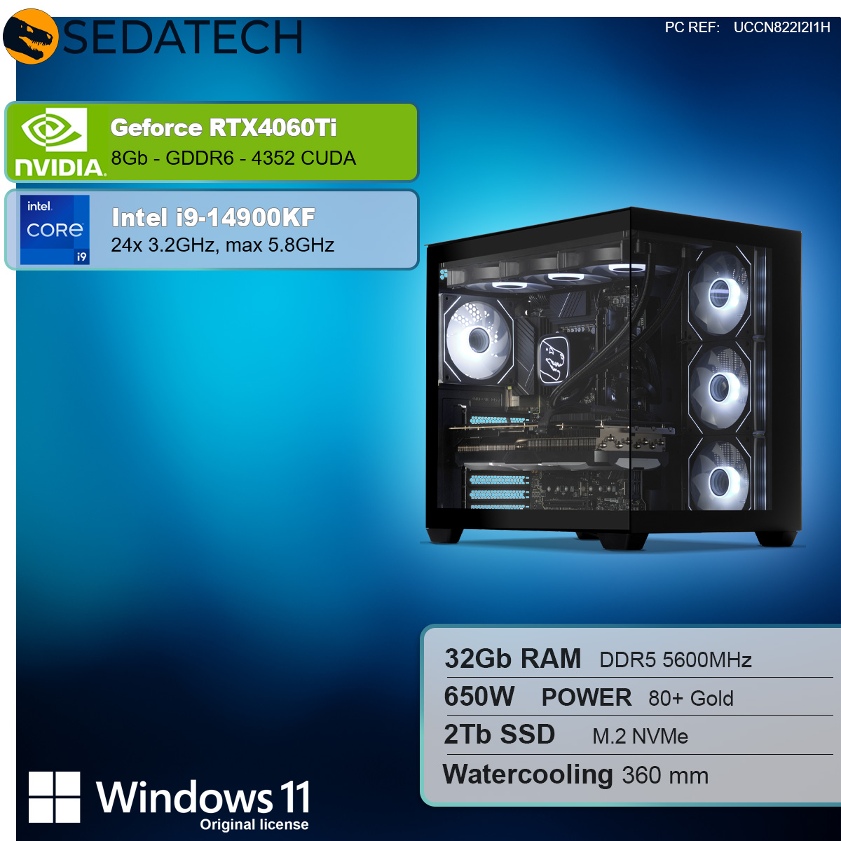 Komputer stacjonarny z Nvidia RTX4060Ti, Intel i9-14900KF, Windows 11 i specyfikacjami.