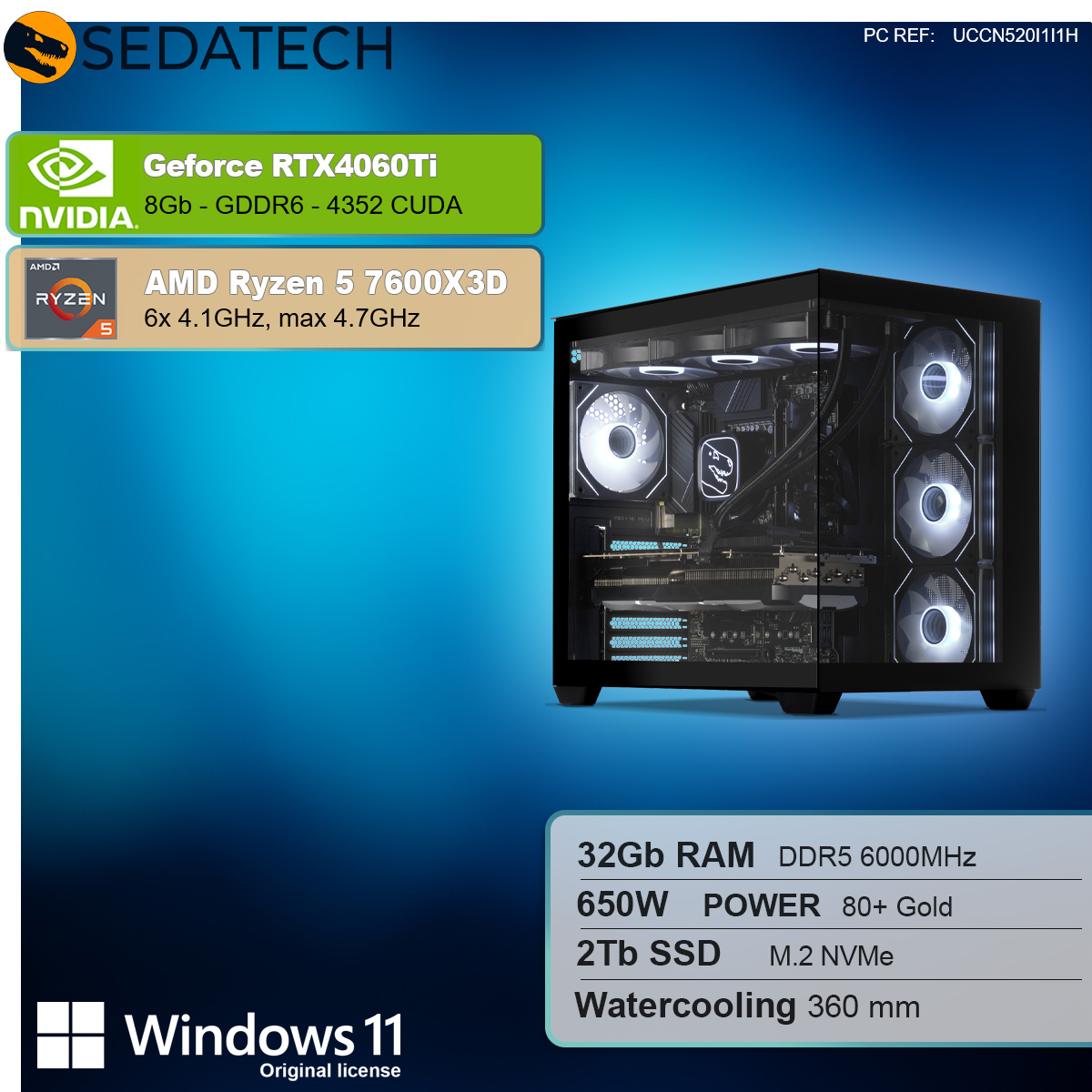 Komputer stacjonarny z szklanym panelem bocznym. Komponenty obejmują Geforce RTX4060Ti i AMD Ryzen 5 7600X3D.