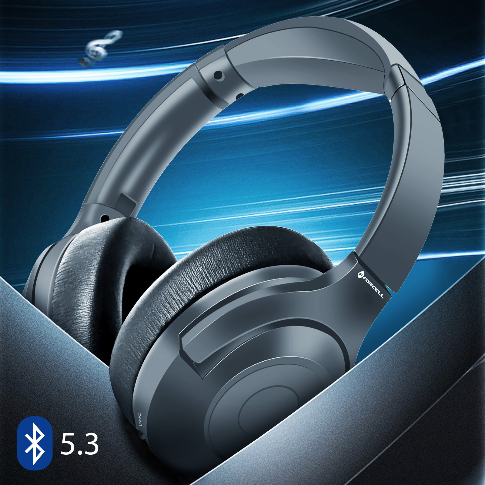 Graue Kopfhörer mit Bluetooth 5.3 auf blauem Hintergrund. Die Ohrmuscheln sind sichtbar.