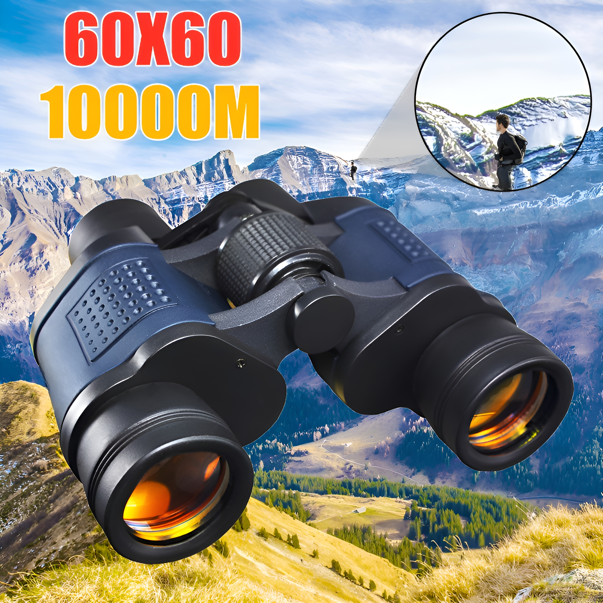 Fernglas mit dem Text '60X60 10000M' auf weißem Hintergrund, mit einem kleinen Bildausschnitt einer Berglandschaft.