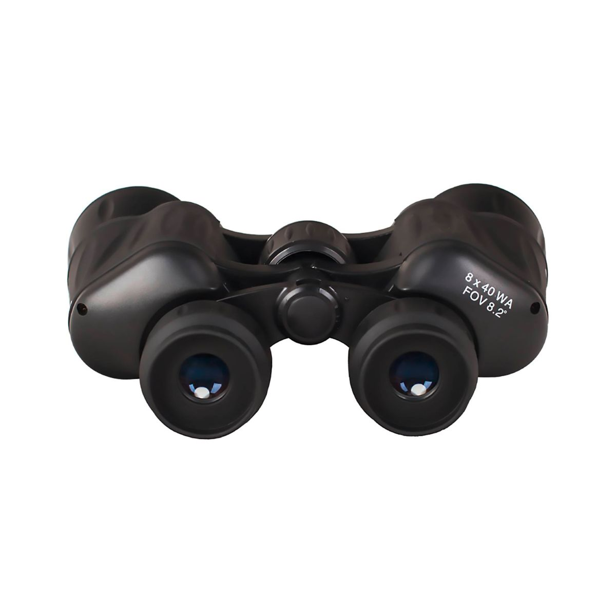 Schwarzes Fernglas mit 8x40 WA FOV 8.2 Spezifikationen und blauen Linsen.