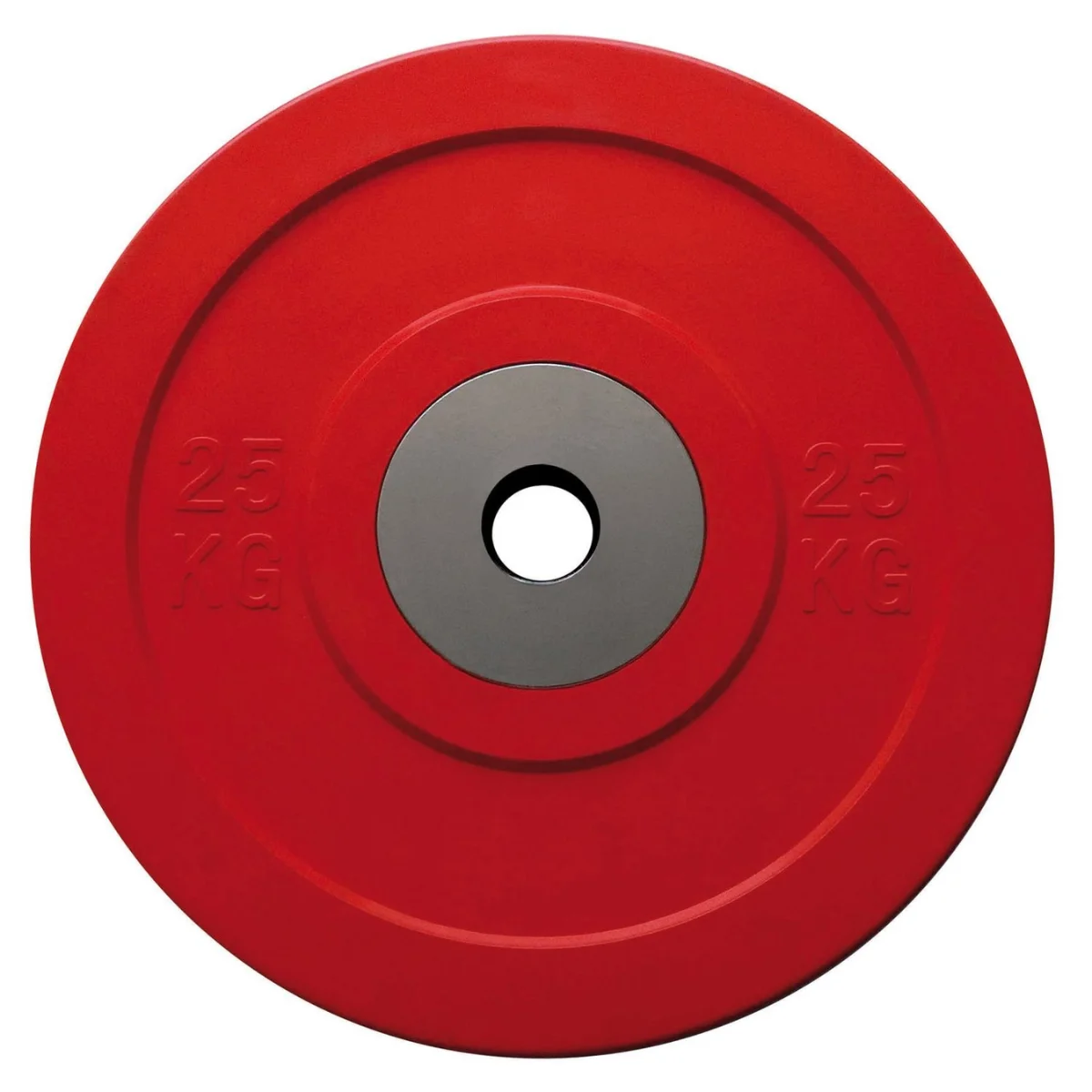 Rote 25 KG-Gewichtsscheibe mit silbernem Mittelloch. Der Text '25 KG' ist sichtbar.