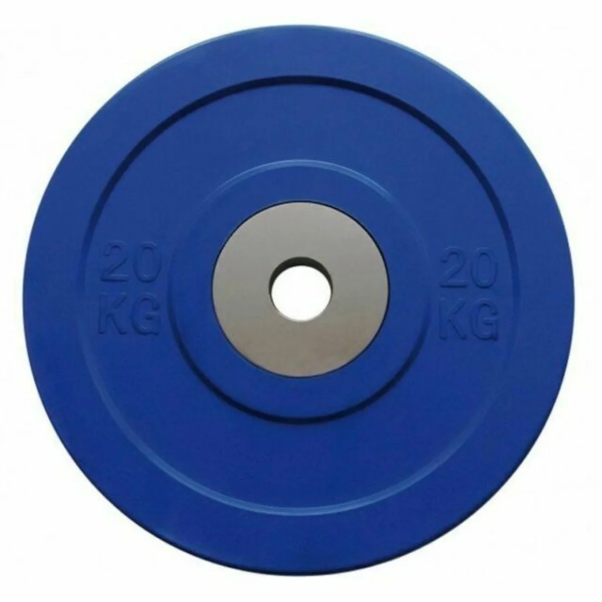 Eine blaue Gewichtsplatte mit der Aufschrift '20 KG'.