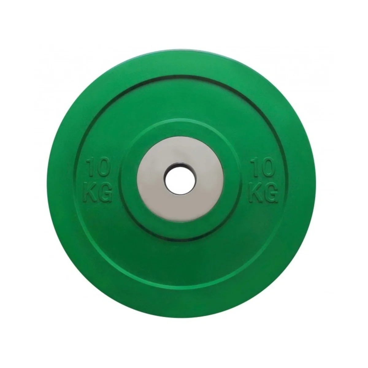 Eine grüne Gewichtsplatte mit 10 KG-Markierungen. Sie ist kreisförmig und hat ein zentrales Loch.