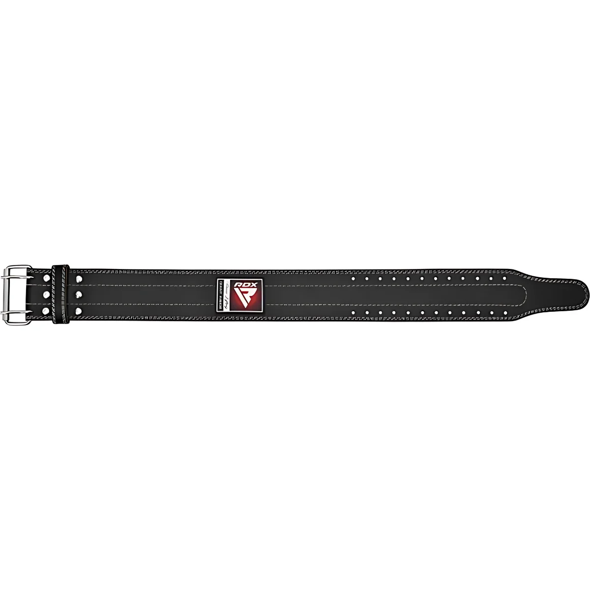 Black weightlifting belt with a silver buckle and a red logo. It is laid on a white surface.