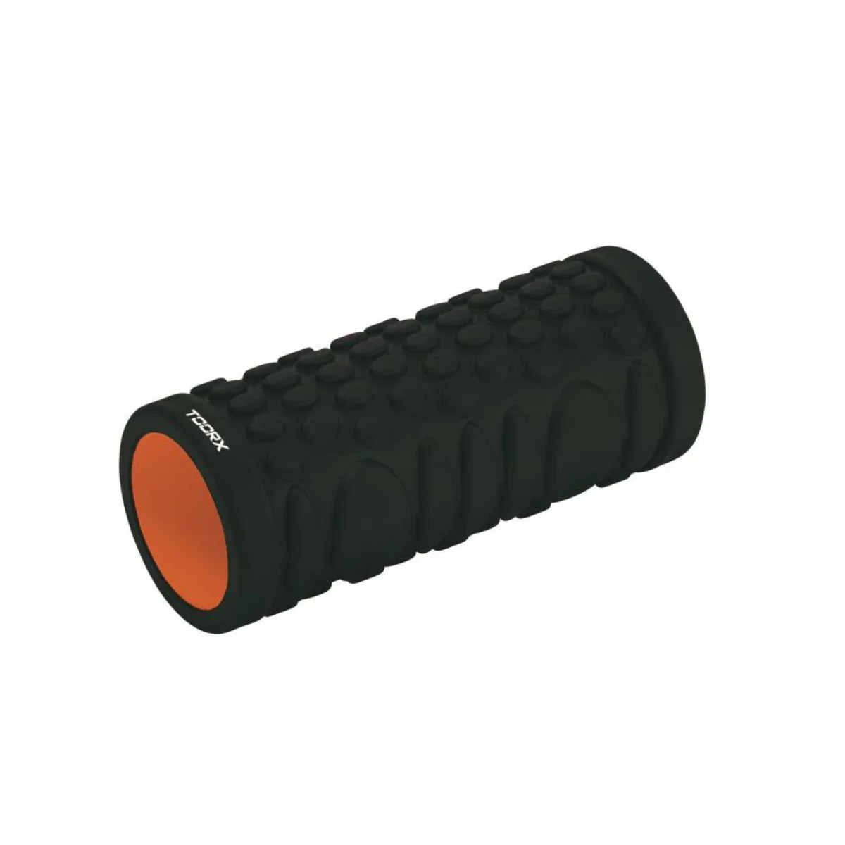 Rouleau en mousse noir avec surface texturée et extrémités orange, sur fond blanc.