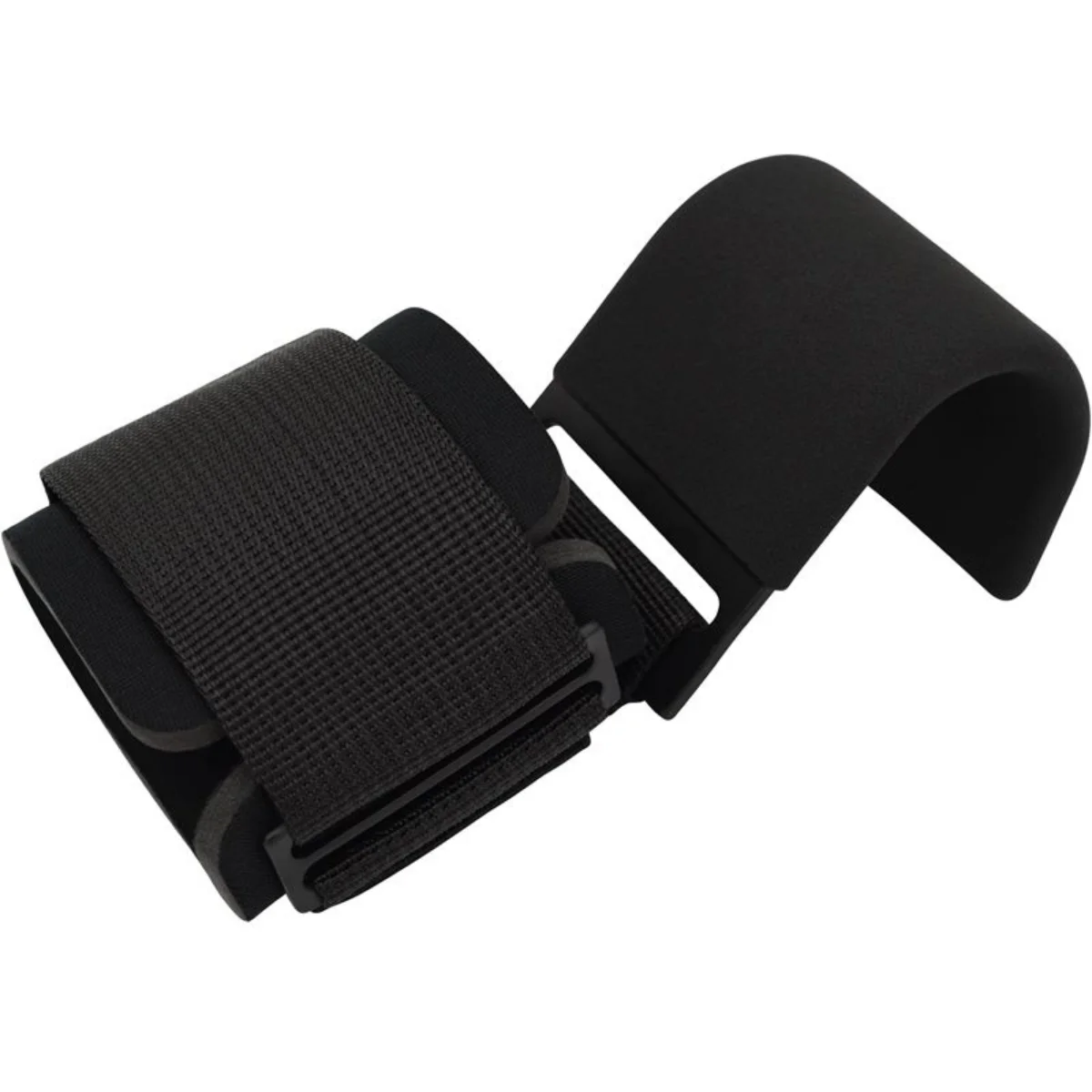Schwarze Handgelenkriemen mit Klettverschlüssen. Sie sind an beiden Enden offen und aus Stoff.