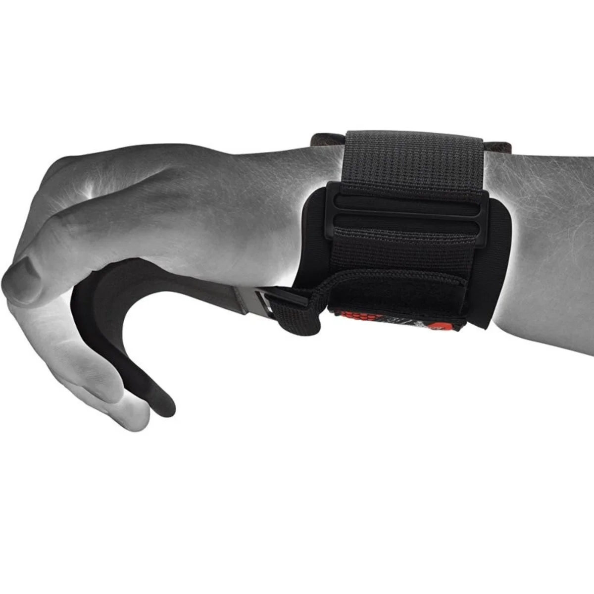 Eine Hand mit einem schwarzen Gewichtheber-Hakenriemen. Der Handgelenkriemen ist schwarz mit Klettverschluss.