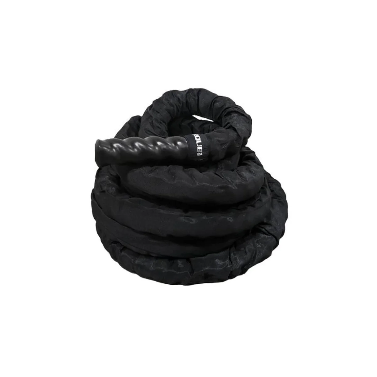 Corde de combat noire, enroulée sur fond blanc. L'extrémité a une poignée en caoutchouc.