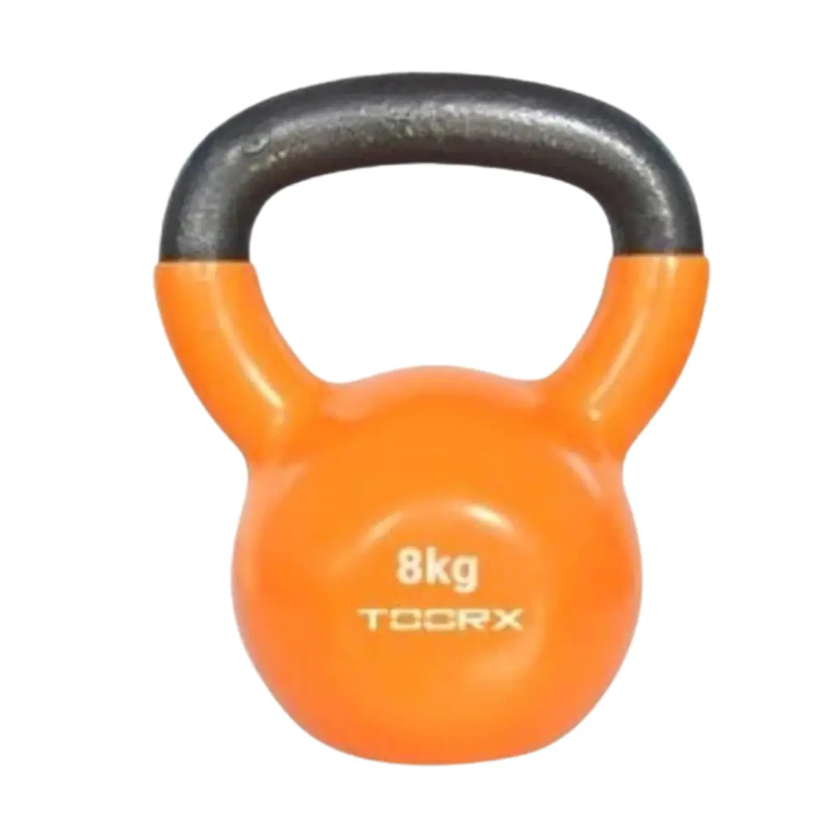 Eine orangefarbene 8-kg-Kettlebell mit schwarzem Griff vor weißem Hintergrund.