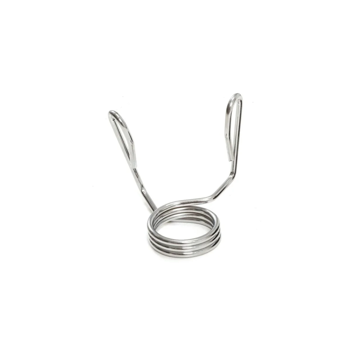 Een zilveren veerklem voor een halter. Het heeft een opgerold midden en gebogen handvatten.