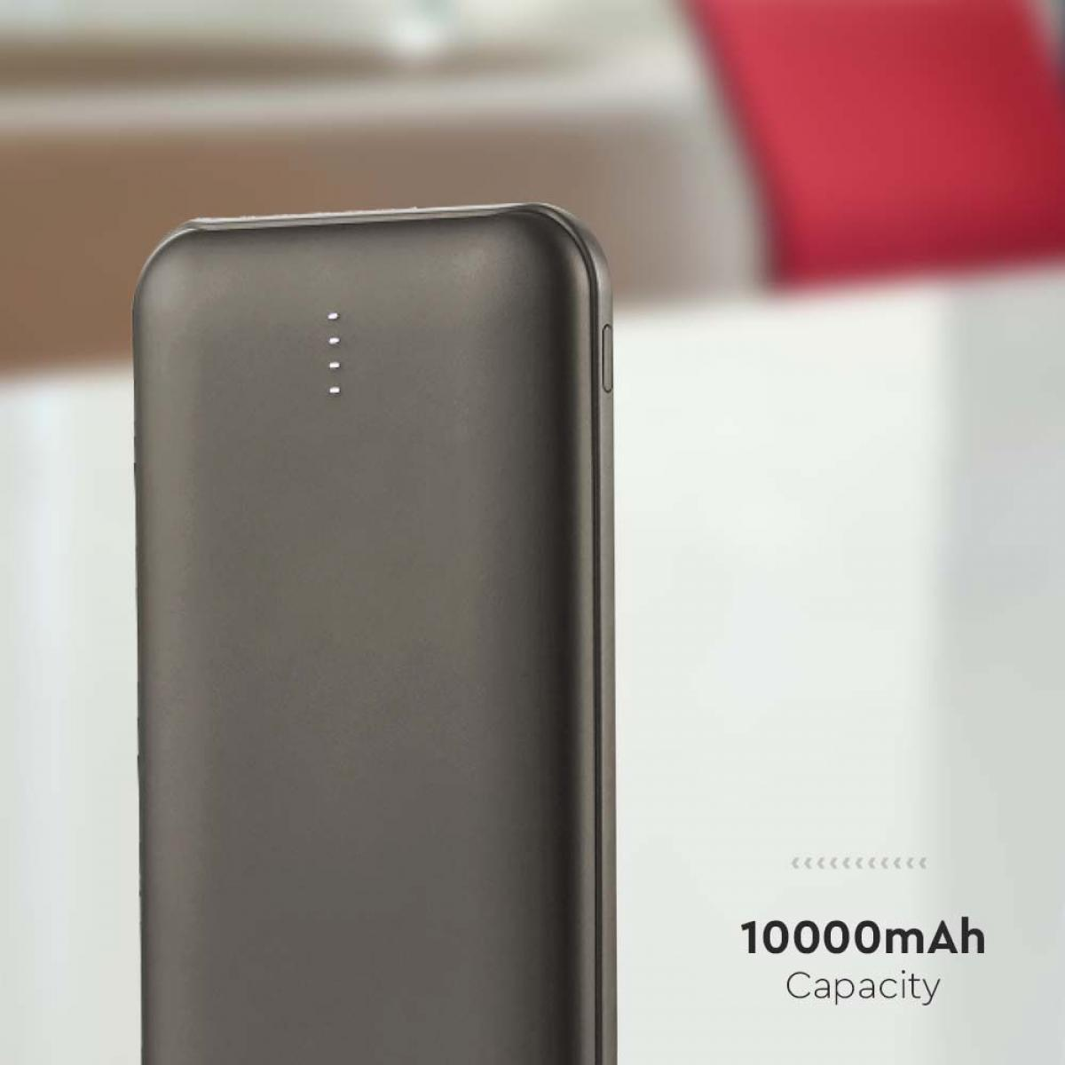 Un power bank nero con quattro spie bianche e una capacità di 10000 mAh. È un dispositivo sottile.