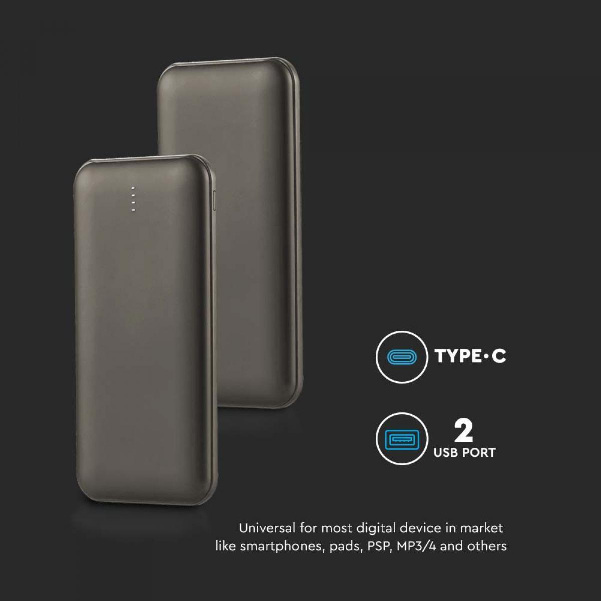 Due power bank su sfondo scuro. Hanno un design elegante. Quello a destra è leggermente dietro.