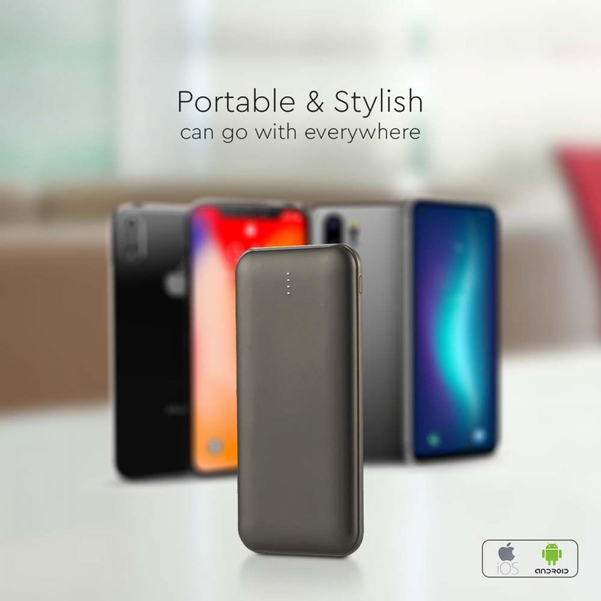 Power bank con telefoni sullo sfondo. Testo: Portatile ed elegante può andare ovunque.