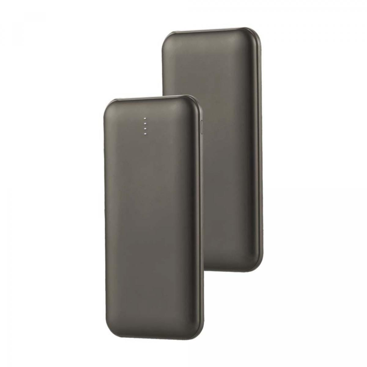 Due power bank grigio scuro. Hanno un design elegante e alcune spie.
