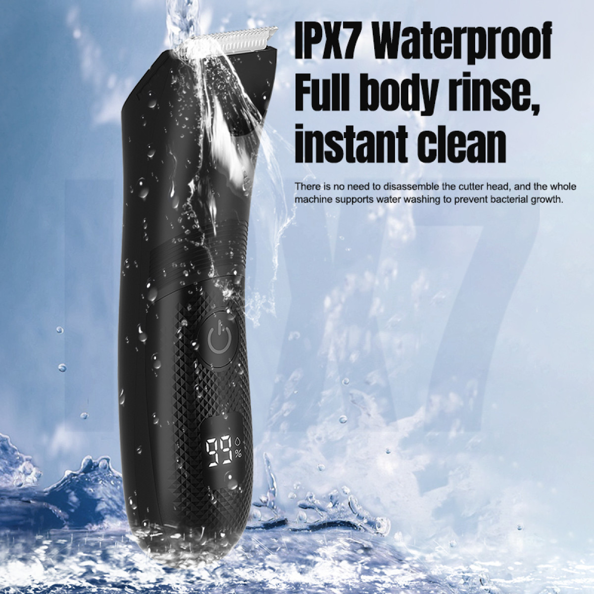 Czarna golarka elektryczna z kroplami wody, wyświetlana jest liczba 99%.