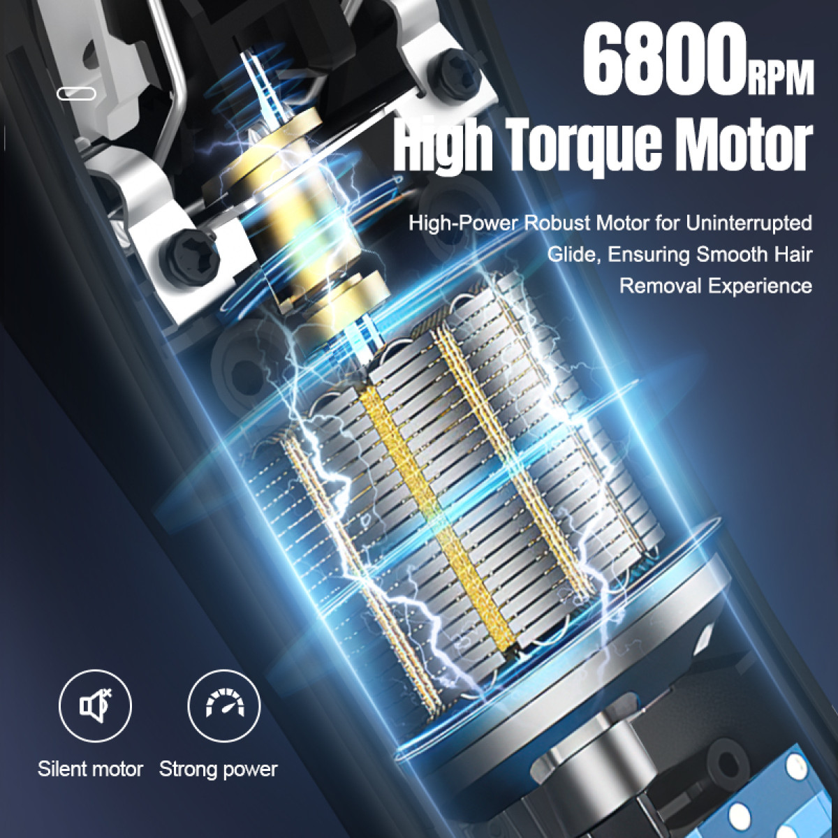 Szczegół silnika golarki elektrycznej, pokazujący mechanizmy wewnętrzne i wysoki moment obrotowy.