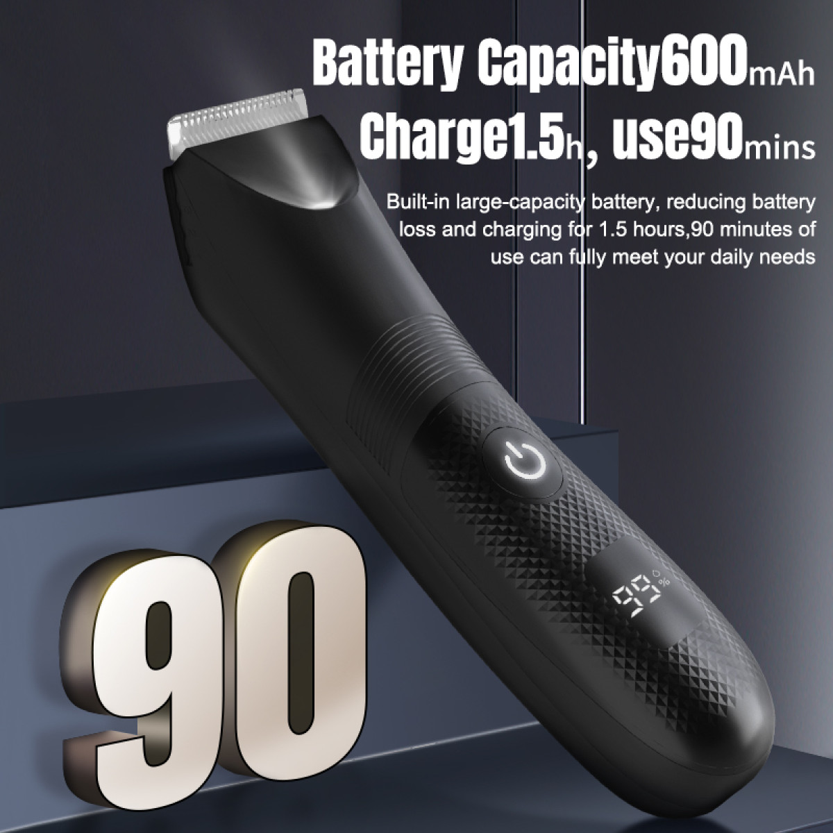 Czarny trymer z tekstem o pojemności baterii i czasie użytkowania.