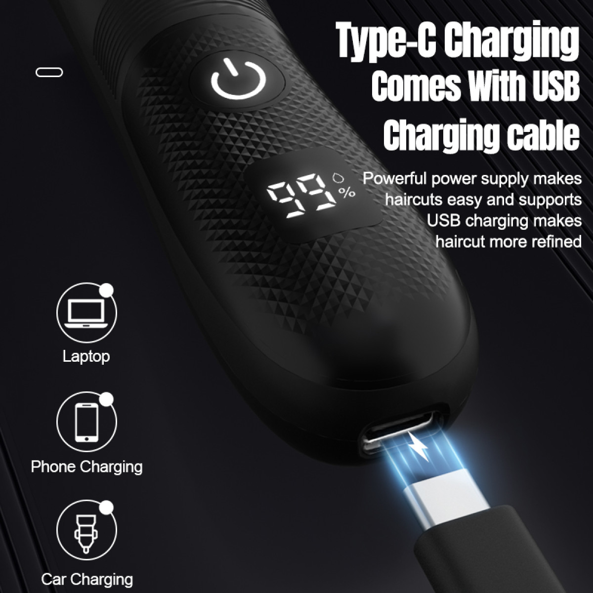 Czarna golarka z wyświetlaczem pokazującym procent naładowania baterii i kablem do ładowania. Ikony ładowania laptopa, telefonu i samochodu.