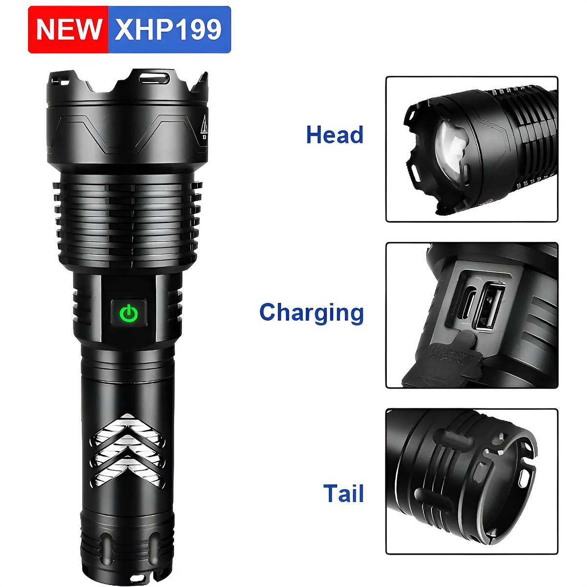 Schwarze Taschenlampe mit verschiedenen Ansichten von Kopf, Ladeanschluss und Heck.