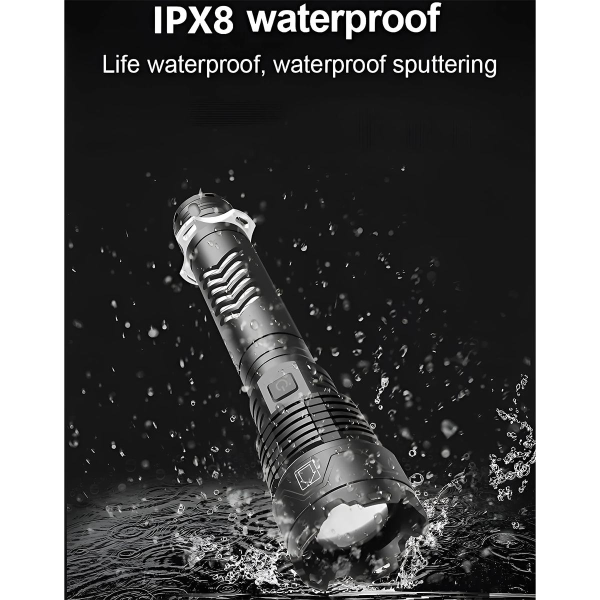 Eine schwarze, wasserdichte Taschenlampe strahlt Licht aus, mit Wassertropfen im Hintergrund. Der Text 'IPX8 wasserdicht' ist vorhanden.