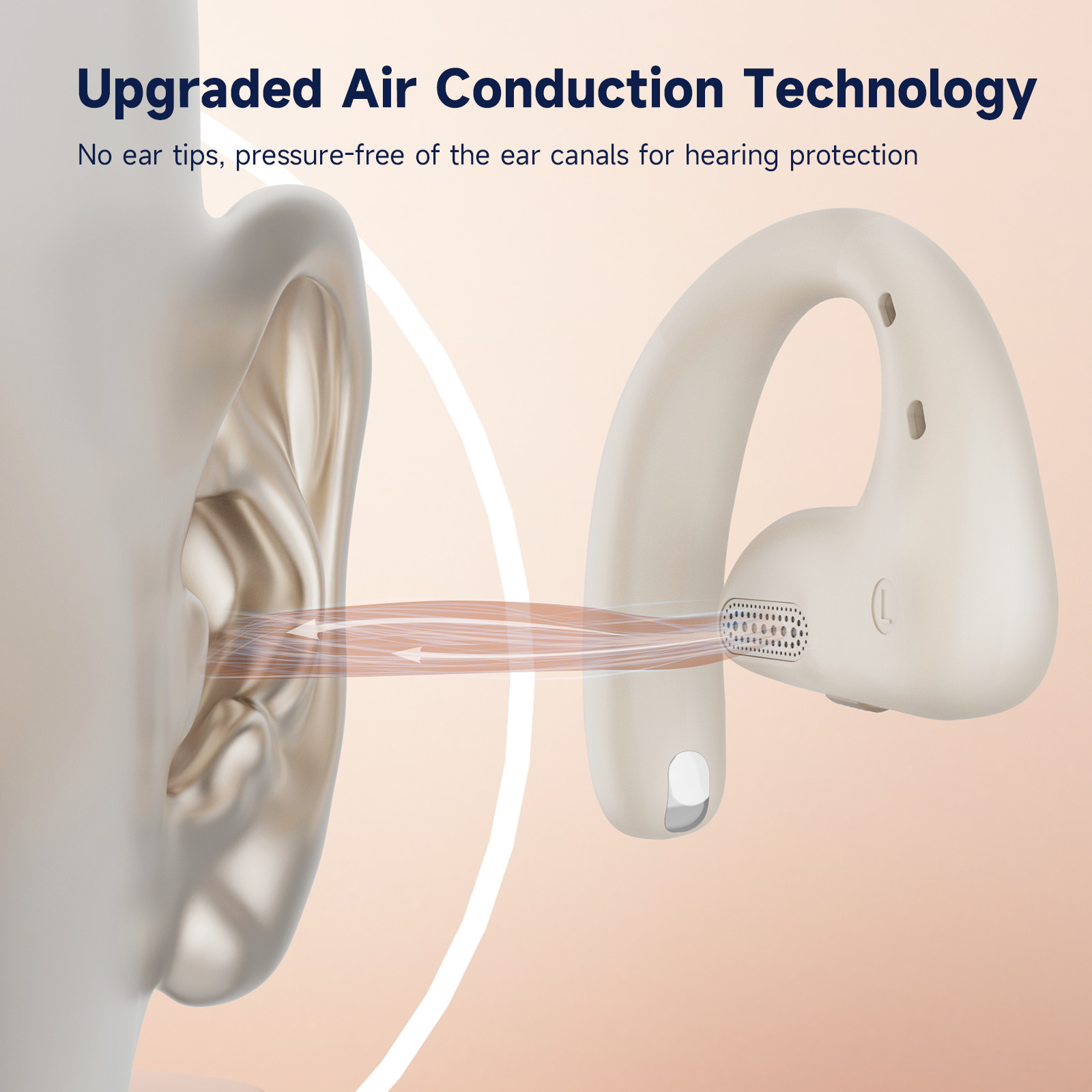 Beige oortelefoon met open-ear design. Luchtgeleidingstechnologie. Oor zichtbaar.