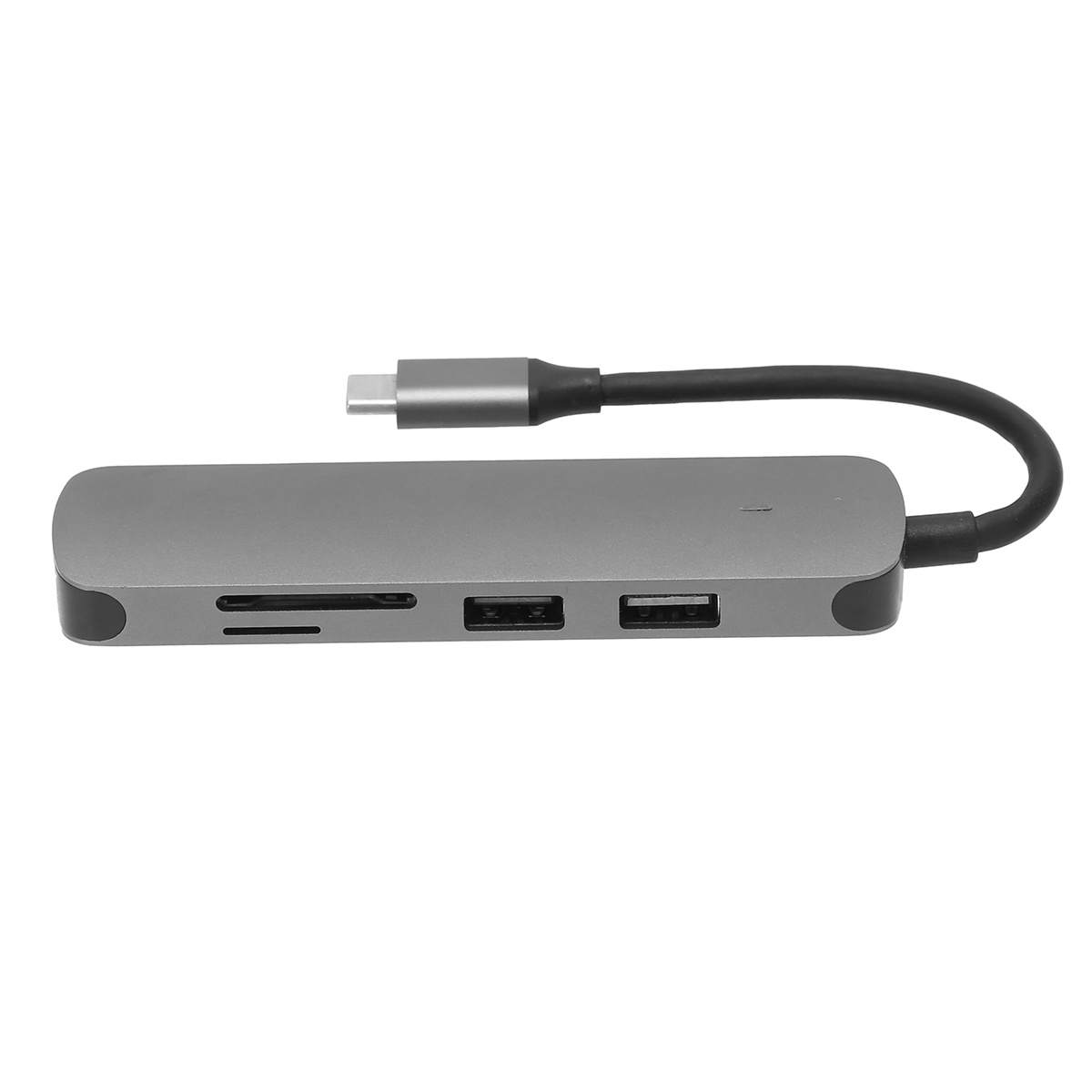 Grauer USB-C-Hub mit mehreren Anschlüssen und angeschlossenem Kabel.