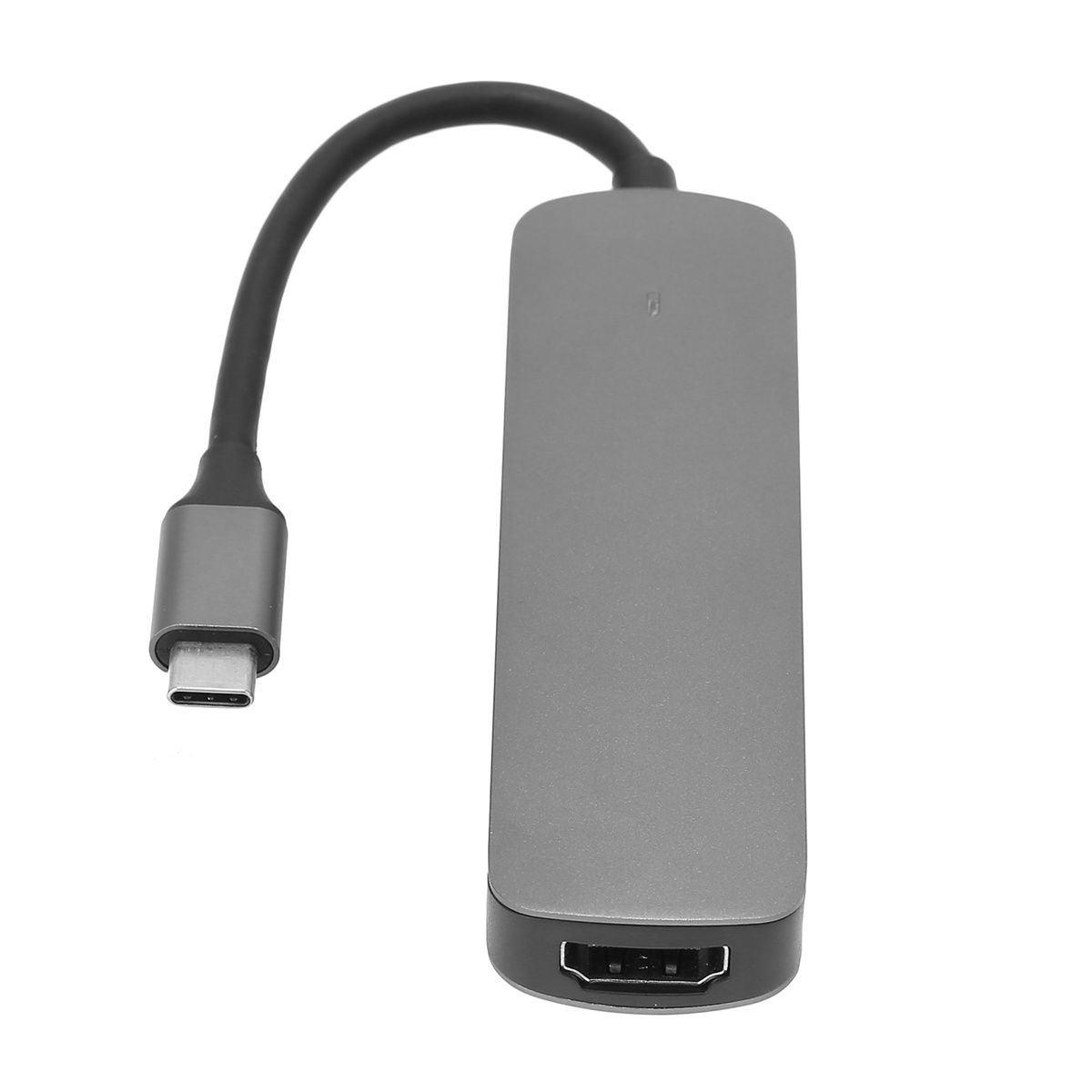 Ein grauer USB-C-Hub mit Kabel, HDMI-Anschluss und weißem Hintergrund.